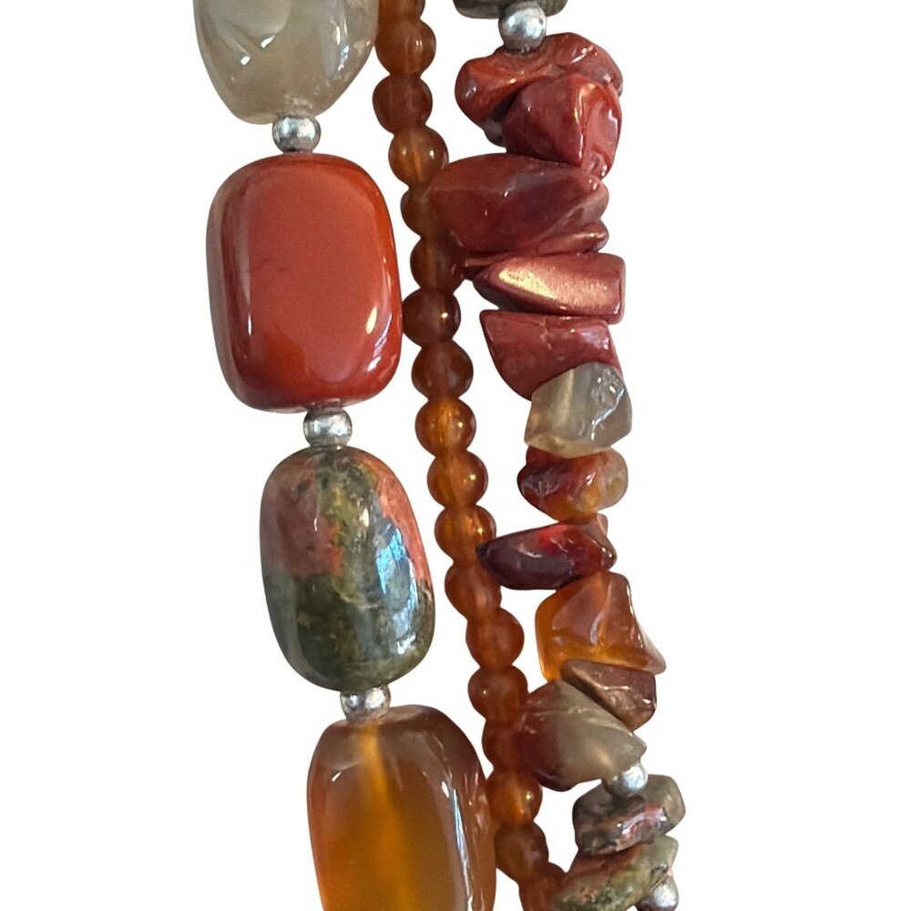 Vtg 3 Strand Necklace Quartz Jasper Beads Silver Tone Cold 17" Estate  95.18g - Picture 2 of 5